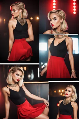 Beautiful girl dancer, blonde hair , bold lipstick, night club stage, braided bangs, braided bobcut, solo, 18yo,(on back:1.2) ,red midi dress, portrait