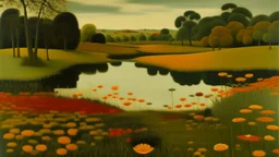 An olive green wetlands with fiery orange flowers painted by Henri Rousseau