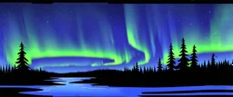 northern lights on the top right and left with a thin section joining then through the middle. below are trees and water. whimsical hand drawn style. line drawing with muted color