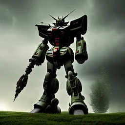 hyperrealistic shot, rusting and moss covered giant gundam, earth color palette, sharp focus, puddle reflection, tire water splash, refraction, rain and lightning on the horizon, shadowcast, detailed and intricate, cinematic composition, tilt shift photography