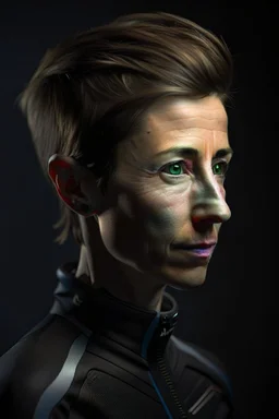 She has a lean, athletic build, a testament to her years of cycling. Her short-cropped hair, worn for aerodynamics during races, gives her a distinctive and androgynous look. portrait, photo-realistic, shot on Hasselblad h6d-400c, zeiss prime lens,