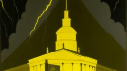 A temple with light yellow lightning painted by Lyonel Charles Feininger