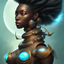 sango fantasy, fantasy magic, intricate, sharp focus, illustration, highly detailed, digital painting, concept art, matte, masterpiece head sexy view black African beauty black afro hair space lady turquoise carp skin African space landslide