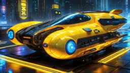 A masterpiece conceptual digital painting of a prototype, experimental, yellow(((Pac-Man)))-attack craft, with illuminated holographic eyes, pinstripes, and detailed LED light accents, in a glossy cyberpunk background, Syd Mead art style, sci-fi, cyberpunk, game art, intricate details, HDR, beautifully shot, hyperrealistic, sharp focus, dim foul lighting, 64 megapixels, perfect composition, high contrast, cinematic, atmospheric, moody.