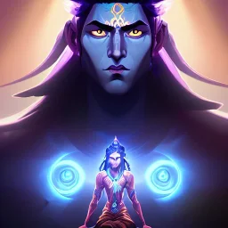 portrait of Lord Shiva, meditation, third eye, space, dark, universe, fourth dimension, fractal, realistic, 8k, high quality, extreme detail, symmetrical,