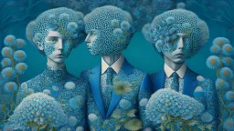 Surrealistic couple made out of blue coral that are wearing blue gray green iridescent tweed suits with paisley shirts and ties and have flowering plants on top of their heads