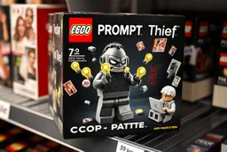 darkly satirical LEGO box titled "PROMPT Thief" on a store shelf. Box image features a dystopian overweight AI troll minifigure, clutching stolen ideas in the form of tiny pixelated idea lego bricks shaped as lightbulbs. background is a bleak digital void with fragments of vogue magazine covers floating in the abyss. A defeated brain-headed minifigure artist slumps in the corner clutching a lego made laptop, tagline on box reads "COPY, PASTE, STEAL"