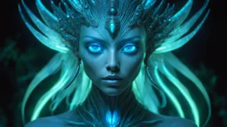 The photo features a bioluminescent and bioluminescent art style depicting a divine female alien god. Bioluminescent moist translucent glowing skin, ethereal glowing eyes, extra long neck, medium front third eye, large head fins and ear fins show off a charming, perfect face in ultra-realistic detail. The composition imitates a cinematic film with dazzling, gold and silver lighting effects. Intricate details, sharp focus, crystal clear skin create high detail.