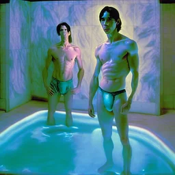 Handsom Justin long and his buff boyfriend are above thier pool roombath spa heater while in tight loincloths and Nickolas is flexing there muscles while illuminated by the ambient teal glowing on the glowing marbled floor made of long flat marble slabs, the ground next to the clinical yard is in the style of primitive art. metalworking mastery, fawncore, the immaculately composed quality of this photo shows the artist was taken with provia, detailed wildlife, isaac grünewald, rustic simplicity