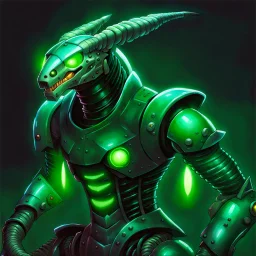 90's fantasy tcg art of a large cyber robot cobra with glowing green eyes