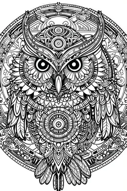 Mandala of Mechanical Owl with Full Moon, outlined in black and white with clear, thick lines for an adult coloring book, contour, vector, clean line art, isolated on a white background