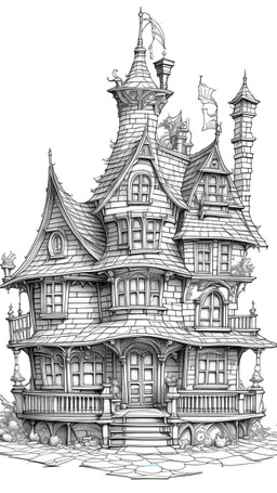 A highly detailed front elevation line drawing of a crooked fantasy house, with a twisted tall chimney, rooms and floors added to the sides and roofs, like Harry Potter's the Burrow.