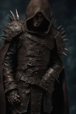 fantasy hooded man wearing studded leather armor