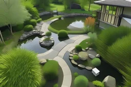 top view picture of a serene tranquil entrance to hospice with pond and lawn landscaping