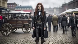 full-length portrait of a pale-faced woman with auburn wavy shoulder-length hair, with metal arms and legs, dressed in leather trousers and jacket, with a blouse, standing beside a steam carriage in a busy market square