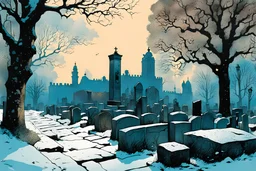 create a fine art print illustration of an old Jewish cemetery with numerous leaning and broken headstones ,highly detailed rough stonework, surrounded by ancient oak trees, in the old city of Krakow, under a bleak winter sky , in the comic book art style of Bill Sienkiewicz, and Jean Giraud Moebius, finely textured, drawn, colored, and inked