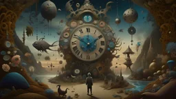 A surreal, dreamlike scene with a large, fantastical creature with a clock-like face surrounded by various abstract elements and small figures in the background