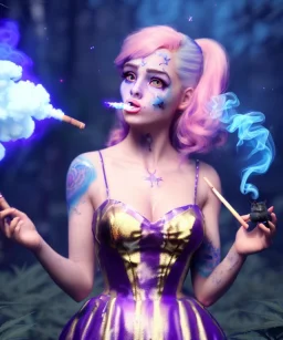 Ultra realistic wonderland photo, happy blonde woman smoking a shisha, blue dress, purple-cat friend, circus dress style, old school tattoo, smoke, marijuana garden, glow eyes, perfect iris, soft color, highly detailed, unreal engine 5, cinematic, ultra detail, volumetric lighting, high definition.