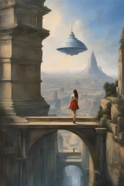 Pierre Roy, Jim Burns, Surreal, mysterious, strange, fantastical, fantasy, Sci-fi, Japanese anime, ancient Roman spaceship, Piranesi's miniskirt beautiful girl, perfect voluminous body wide angles, detailed masterpiece