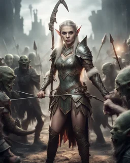 Realistic Photography length image,elf princess wearing luxurious armor standing action holding arrow ready to shot sorrounded by orcs zombies troops