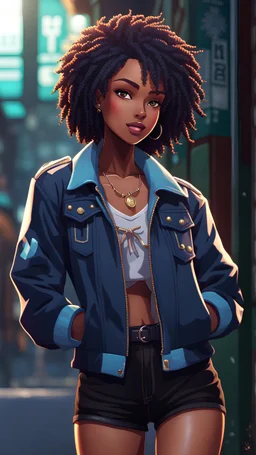 twenty year old black girl with short hairs, with a jacket and rock clothes style, from head to toe, best quality, digital painting, 4k, sharp focus, intricate texture, skin imperfections, blank background. , interactive novel style,bokeh, professional, anime clean drawing,Your Name, 4k, highly detailed, clear lighting,