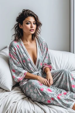 a supermodel in designer sleepwear sitting on bed for magazine cover photoshoot