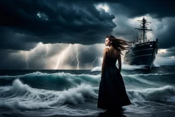 Compose a haunting and powerful image of a beautiful girl surrounded by her sadness in a surreal environment. Use dynamic lighting to create contrast and depth, illuminating her emotions and struggles. The sky above should be turbulent, with storm clouds brewing, reflecting the turmoil within her. In the background, depict a stormy ocean with a sinking ship, symbolizing loss and despair. Show a few people struggling for survival, adding a sense of urgency and chaos to the scene. Let the composit