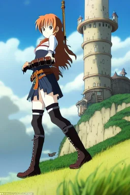 In the style of Hayao Miyazaki, concept illustration, super-detailed, beautiful teen female who is 16 years old with long ginger hair and freckles, full lips, full body, full face, b-cup breasts, athletic, centred camera, ignore NSFW, skimpy brown fantasy leather armor, halter top, micro thong, knee-high leather boots, open leather skirt, stern expression, cute pose with hands behind butt