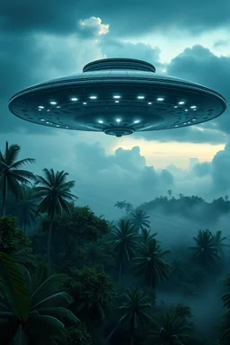 Amazon jungle high definition 8k a giant ufo spaceship hovering in the cloudy sky