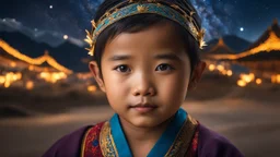 little very young Tibetan boy, handsome, peaceful, gentle, confident, calm, wise, happy, facing camera, head and shoulders, traditional Tibetan costume, perfect eyes, exquisite composition, night scene, fireflies, stars, Himalayan view, beautiful intricate insanely detailed octane render, 8k artistic photography, photorealistic concept art, soft natural volumetric cinematic perfect light, chiaroscuro, award-winning photograph, masterpiece, Raphael, Caravaggio, Bouguereau, Alma-Tadema