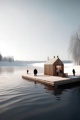 create a realistic warming hut located on the frozen red river in winnipeg. The hut should be minimalist, add people. no platform