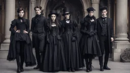 Victorian goth fashion, women and men in nice goth clothes perfect realistic faces, full body, High detailed, sharp focus, looking at the camera, cinematic, masterpiece, high realistic, fashion photo