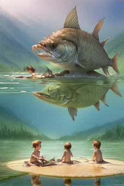 four kids SWIMMING AND PLAYING on beautiful lake . one of them cooking fish and the other three playing on a by Jean-Baptiste Monge, highly detailed, lighting, very attractive, beautiful, high detail, award winning, hyper-realistic, high definition, crisp quality, watercolor highly detailed Award winning photography photorealistic