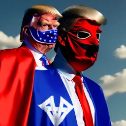 realistic image of donald trump as a mexican wrestling fighter posing outdoors, Mexican eyes wrestling mask, red and blue breeches, confederate flag cape, retro style, 80s, vibrant color, highly detailed, sky background, concept art, unreal engine 5, god rays, ray tracing, RTX, lumen lighting, ultra detail, volumetric lighting, 3d, finely drawn, high definition, high resolution.