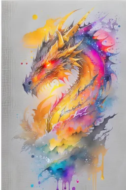 watercolor on transparent background paper, chromatic, zoom, very sharp, splash of colors on a white background, Mixed colors, Sharp detailed dragon with full body, half robot, details on eye, a detailed golden black sunset fire style, Beach with light water, graffiti elements, powerful zen composition, dripping technique, & the artist has used bright, clean elegant, with blunt brown, 4k, detailed –n 9, ink flourishes, liquid fire, clean white background, zoom in,