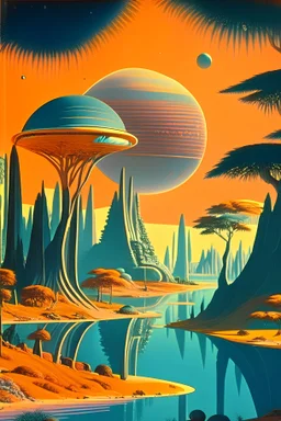 retro-futuristic image of a world in the hunter-gatherer phase, but eons later in the 1964th cycle of human evolution. Show the sun, rivers, land, sea, trees, forests, etc. Focus on hunter-gatherer phase but yet very advanced
