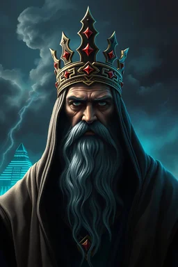 dnd, portrait of a noble with a long. grey beard, in a hood Babylon at its peak, dark yet vibrant, with skyscraper-like ziggurats illuminated by glowing neon blue and green, and Nimrod standing tall at the center, crowned as a king, with storm clouds swirling.