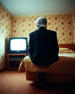 man with plastic bag over his head sits on the edge of a bed with his feet on the ground, facing camera, inside an old, 70s style motel room with tacky wall paper. he is wearing a black suit with a melincholy attitude. there is a box tv facing away from camera, illuminating his front. from this view, you cannot see the front of the tv. full room view, super wide shot, 24mm lens view, film syle.