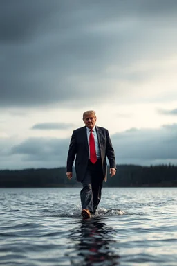 donald trump walking on the surface of water frontal view