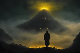 A very long abomination rising above the clouds,he has multiple glowing yellow eyes, as seen from the surface, toxic plumes rising in the distance,as seen from the ground,tiny people are watching it in disbelief, perfect shapes, 4K resolution, dreadful dark atmosphere , realistic details, realistic lighting,in the style of Zvidslav Beksinski, nightmarish atmosphere