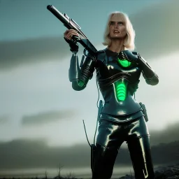 Ultra Realistic retro sci-fi movie war scene, waist up view portrait, blonde woman pointing a gun, sweet young Daryl Hannah face, perfect iris, glow eyes, makeup, weapon. War background, Retro sci-fi style, tight latex coat, fog, rain, soft color, highly detailed, unreal engine 5, ray tracing, RTX, lumen lighting, ultra detail, volumetric lighting, 3d, finely drawn, high definition, high resolution.