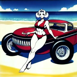 fullbody inside frame,Beach, woman classic style concept, vintage hotrod vehicle, retro design study, classic steel wheels, toned colors