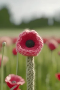 knitted pastel poppy growing in yarn in a field 4k