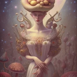  Beautiful rococo mushroom fairy, detailed eyes, realistic features, hq, fungi, celestial, moon, galaxy, stars, by Salvador Dalí, giger, Hieronymus Bosch, victo ngai, fungi, celestial, Ryan Hewett by Van Gogh