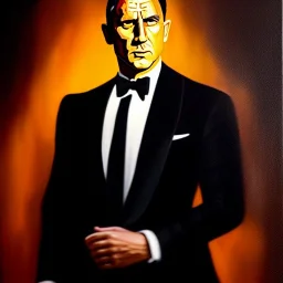 Ultra detailed fullbody Portrait in oil on canvas of James Bond, extremely detailed digital painting, extremely detailed face,crystal clear Big Glowing eyes, mystical colors ,perfectly centered image, perfect composition, rim light, beautiful lighting, 8k, stunning scene, raytracing, anatomically correct, in the style of robert e howard and Ken Kelley and Ohrai Noriyoshi and Simon Bisley and tomzj1