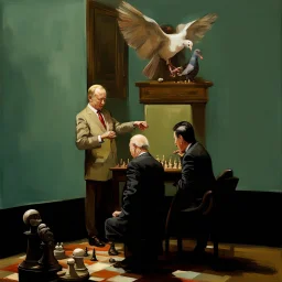 Putin, President Xi Of China And Joe Biden Play Chess With A Pigeon,Ufo And Atomic Bomb Mushroom Cloud,Complex Surgical Instruments Intermixed With A Newborn Boy,Minimalism,Painting By Adrian Ghenie,Rene Magritte,Pablo Picasso,Michelangelo,Salvador Dali,Lucian Freud