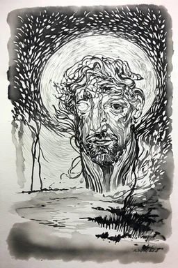 "creatio ex nihilo" is an ink wash painting in the style of Vincent Van Gogh