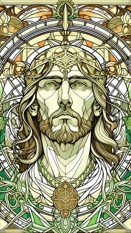jesus portrait| centered | symmetrical | key visual | intricate | highly detailed | iconic | precise lineart | vibrant | comprehensive cinematic | alphonse mucha style illustration | very high resolution | sharp focus | poster | no watermarks, plain background
