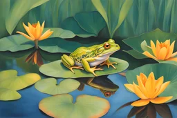color pencil drawing of a frog on a lily pad in a lush forest with greens, blues, yellows, and orange