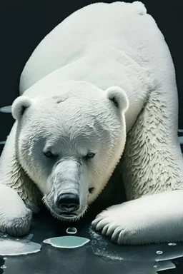 polar bear melting into a puddle, hyper realistic photography, detailed expression of agony, hyper realistic fur and anatomy details, Takeshi Kawano style, dark colour tone, epic colour treatment, cinematic colour treatment, meticulously intricate perfectly symmetrical extremely detailed, pixiv daily ranking, pixiv, extreme depth of field, artstation, sculpture style, spectacular details, volumetric lighting, masterpiece, cinematic, Hollywood production, 8k resolution, high definition, max octan